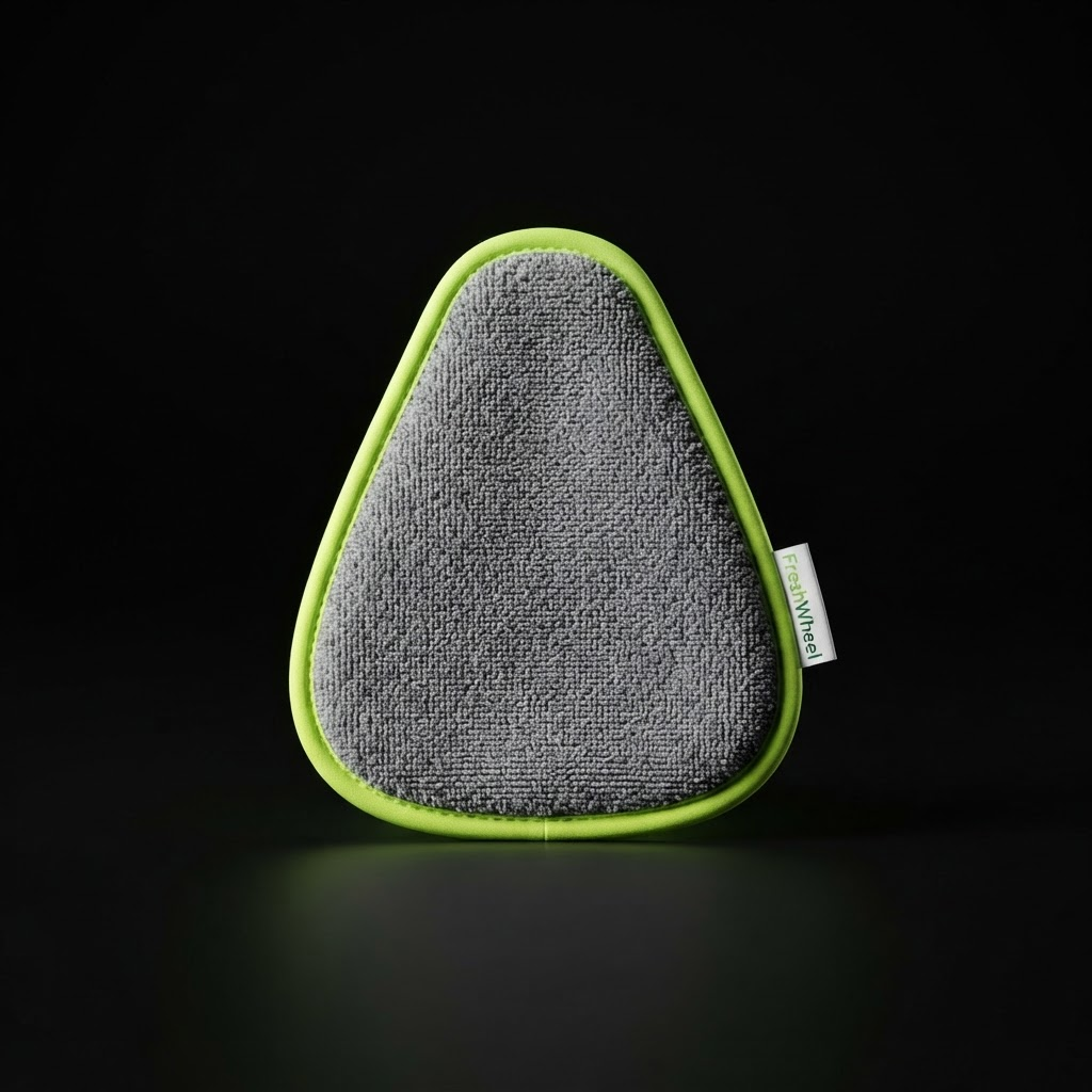 FreshWheel Precision Clean Pad — compact triangular microfiber applicator with lime green edge piping