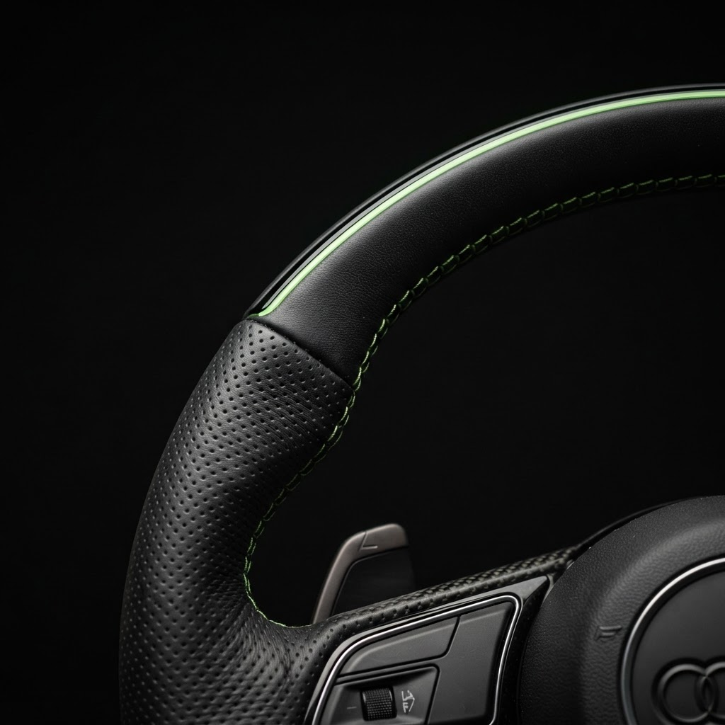 Close-up of a premium black leather steering wheel rim