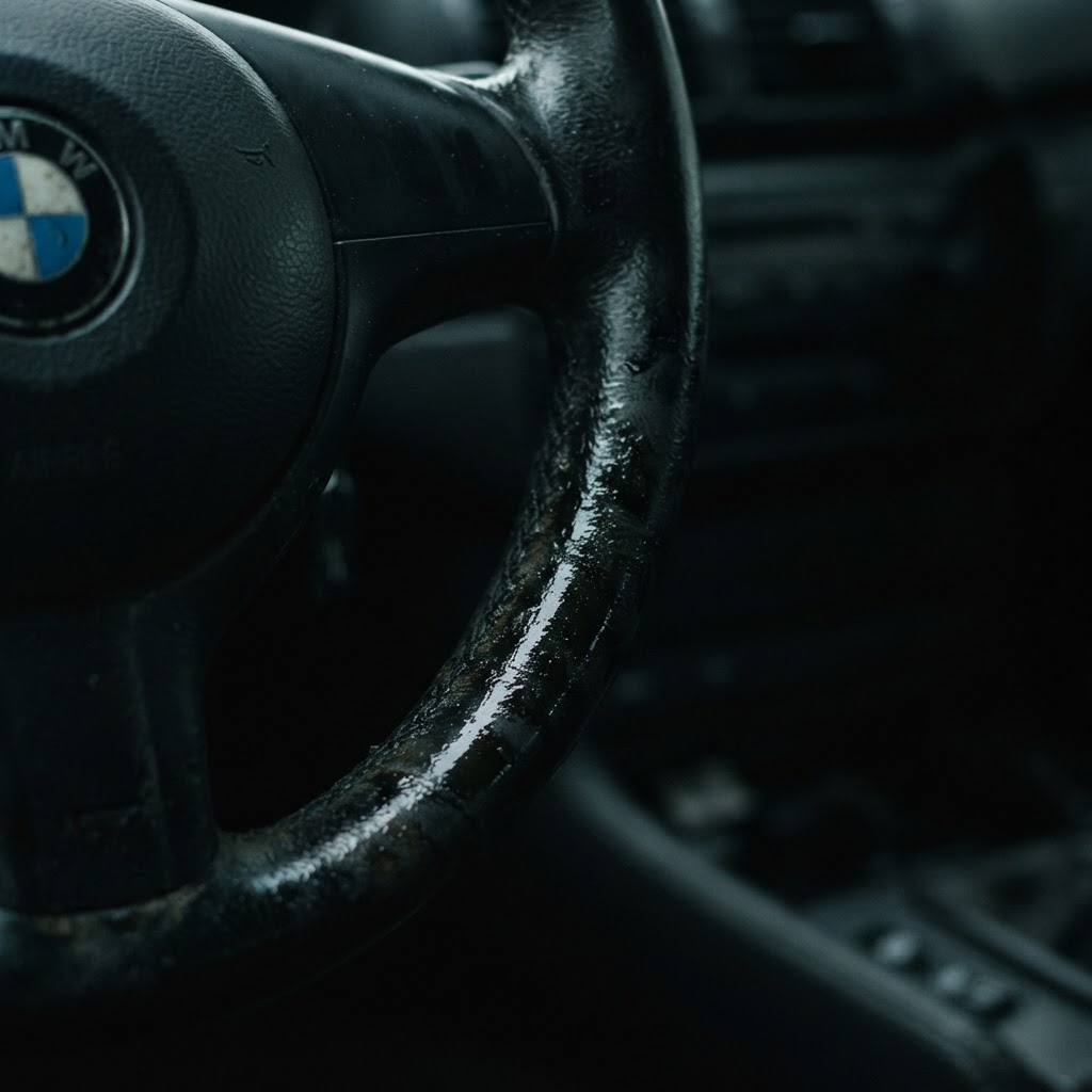Steering wheel before FreshWheel — oily, slick and shiny